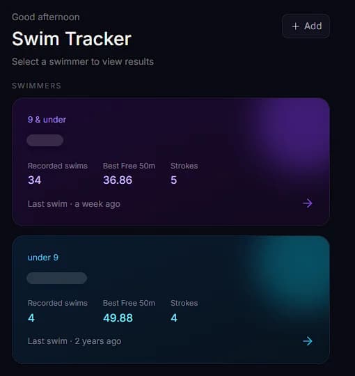 SwimTracker home screen listing two swimmers with recorded swims, best 50m freestyle time and number of strokes.