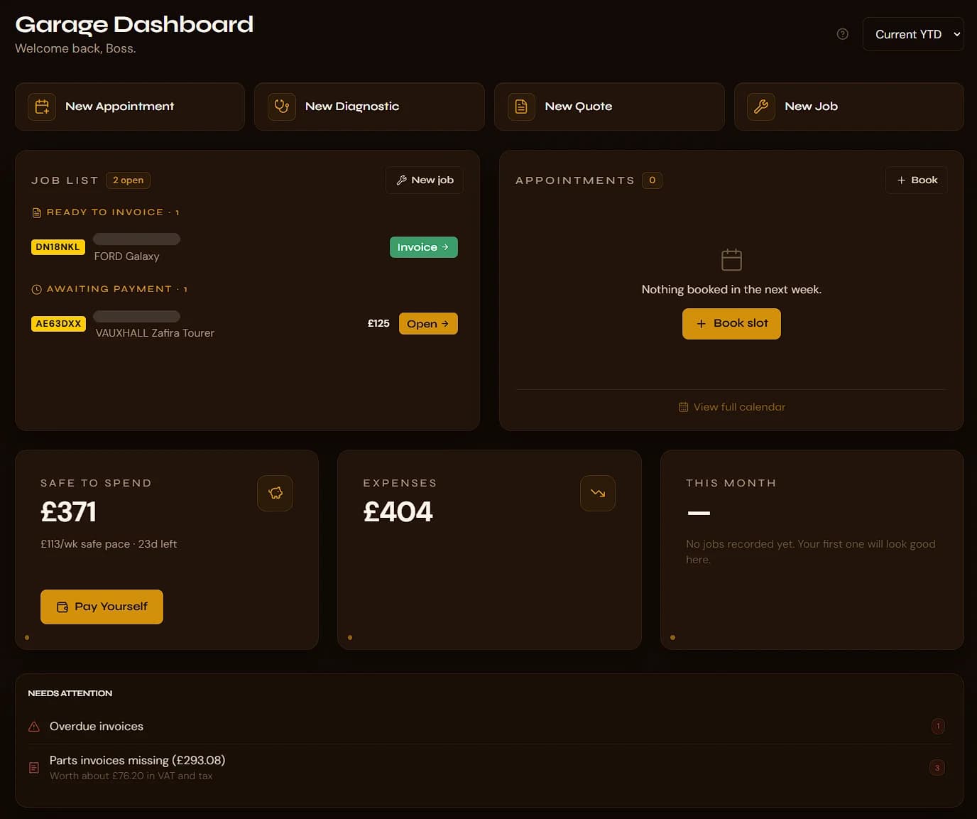 ForgeDash garage dashboard on desktop: quick actions for new appointment, diagnostic, quote and job; a job list grouped into ready to invoice and awaiting payment; appointments; safe-to-spend, expenses and monthly figures; and a needs-attention list.