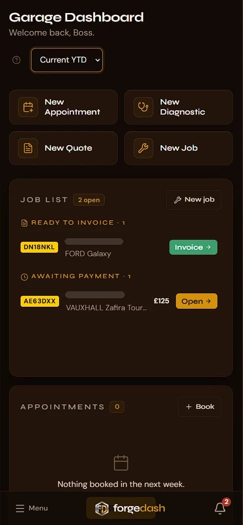 ForgeDash garage dashboard on a phone, showing quick actions and the job list with vehicle registrations.
