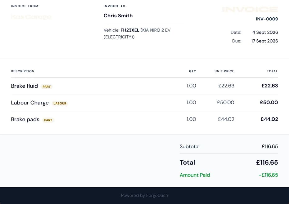 A ForgeDash customer invoice with line items for parts and labour, subtotal, total and amount paid.